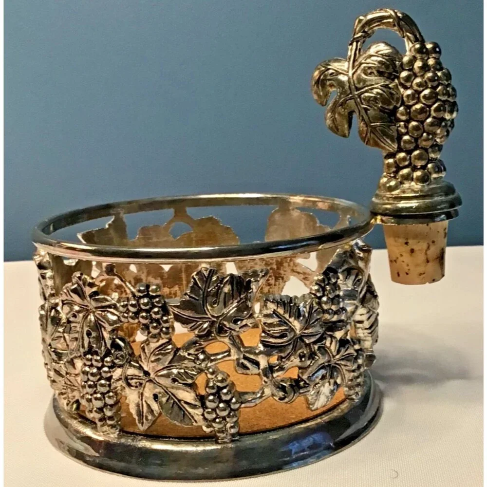 Godinger Silverplate Grape Vine Design Wine Bottle Coaster Holder With Cork Stop